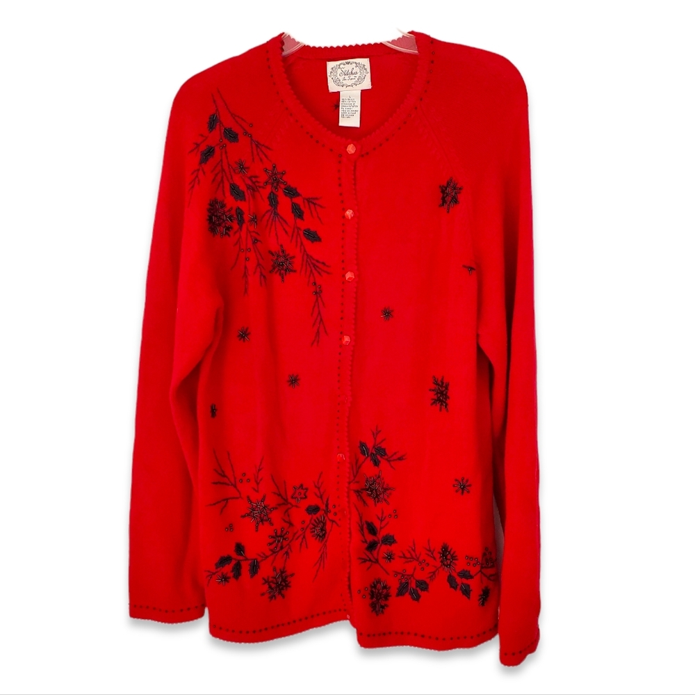 Stitches In Time QVC Beaded Red Cardigan Sweater Size M